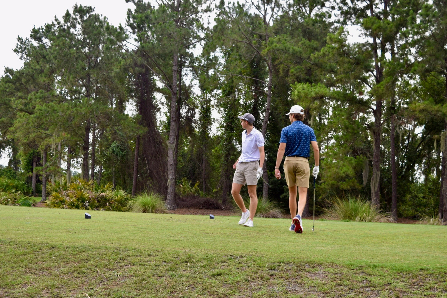 Two golfers walking on a golf course with trees in the background